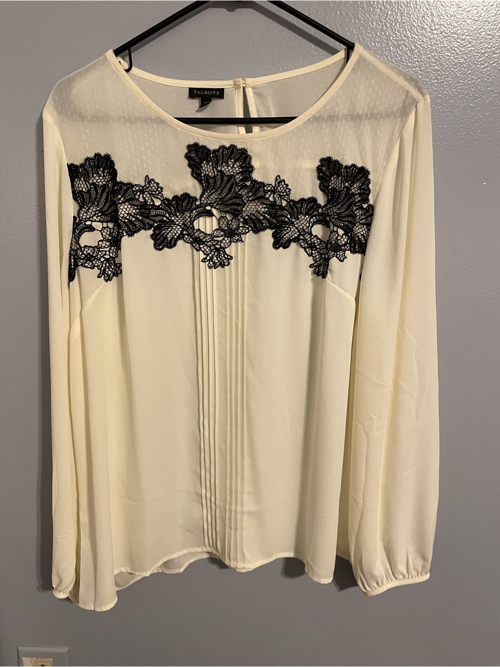 Talbots Cream Blouse with Black Lace Yoke and Pintuck Front